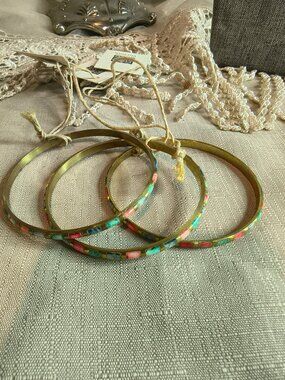 Set of 3 Ten Thousand Villages Brass Inlayed Bracelets